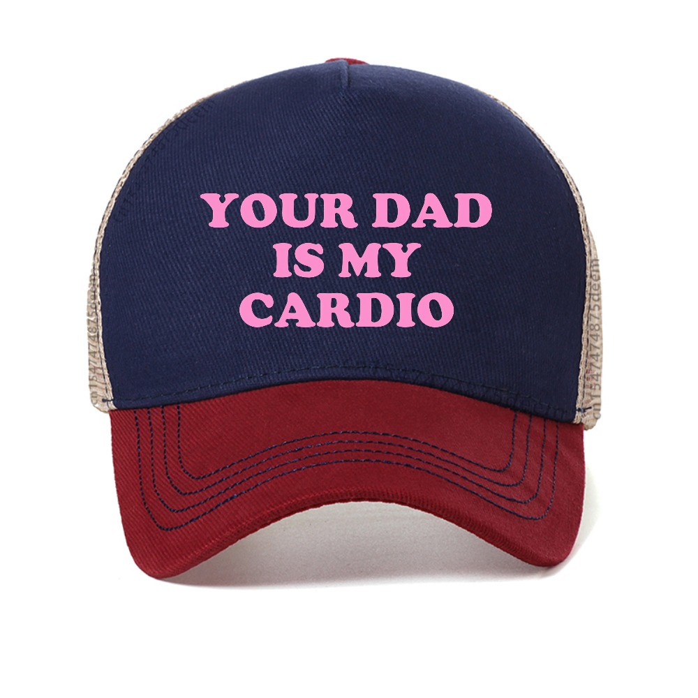 Trucker Cap Mesh - あなたの父は私のカーディオです レタープリントメッシュ野球帽 面白いカジュアル通気性トラッカーハット 夏用女性男性アウトドアスポーツキャップ