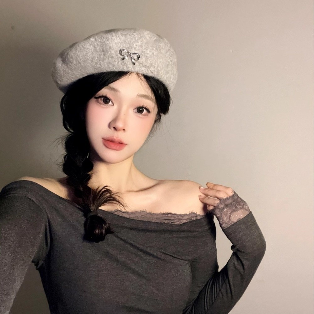 Beret French Wool - ファッション暖かい冬用ウールベレー帽、蝶結びレトロフレンチアーティストハット、エレガントな無地フェルトベレー帽（女性用）