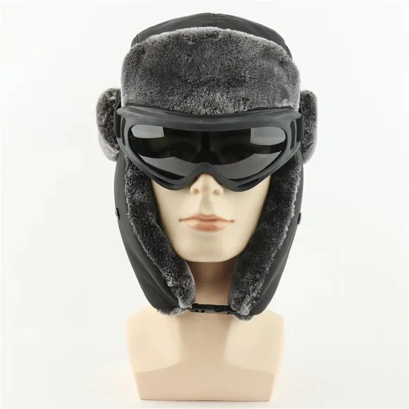 Trapper Hat Ear Flap - スノースキー軍軍事ウシャンカ帽子ゴーグル付きフェイクラビットファーパイロットイヤーフラップトラッパー男性女性冬暖かいボンバー防水