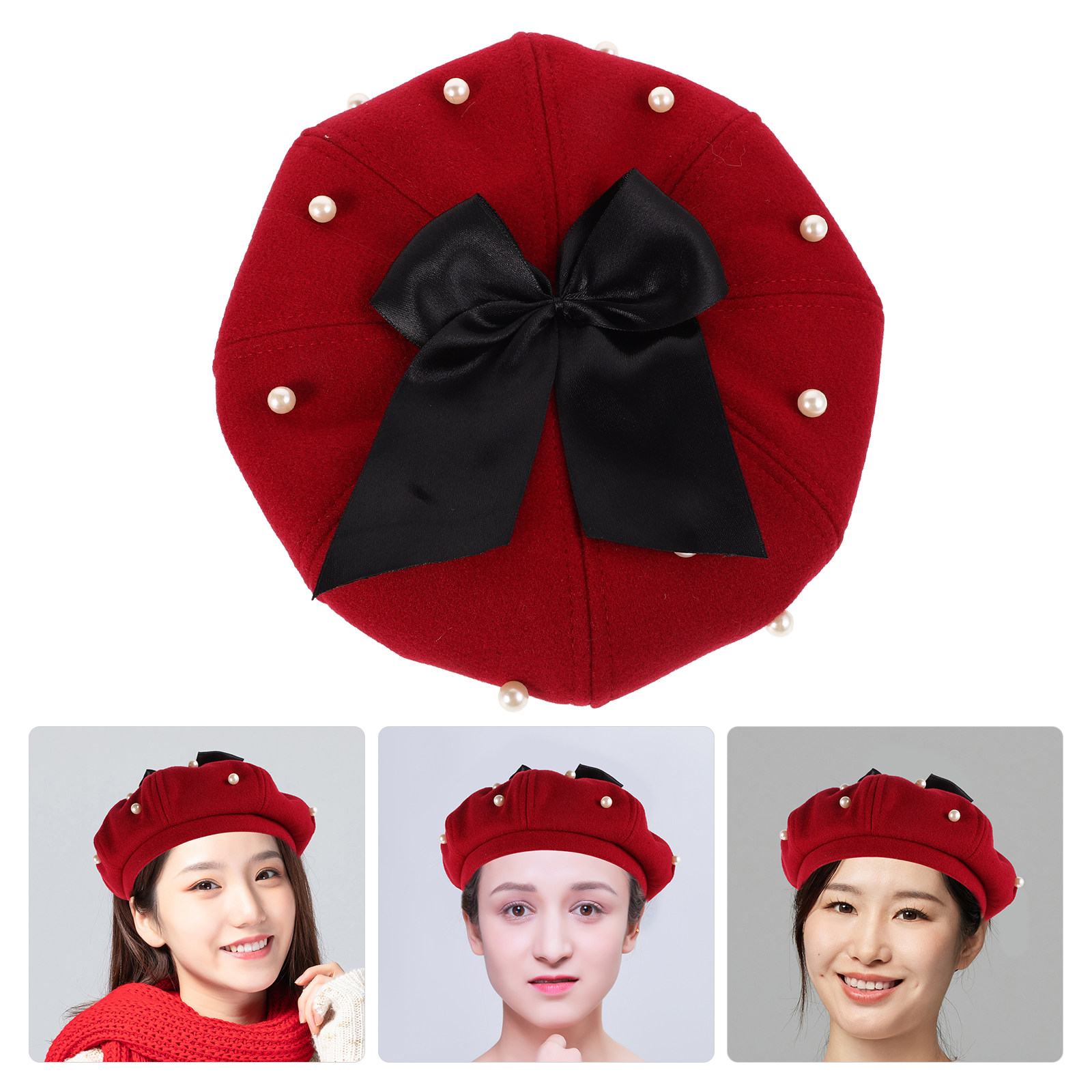 Beret French Wool - レディースパールベレー帽 リボン付き エレガントな八角形 ヴィンテージフレンチスタイル 人工ウール製 暖かい