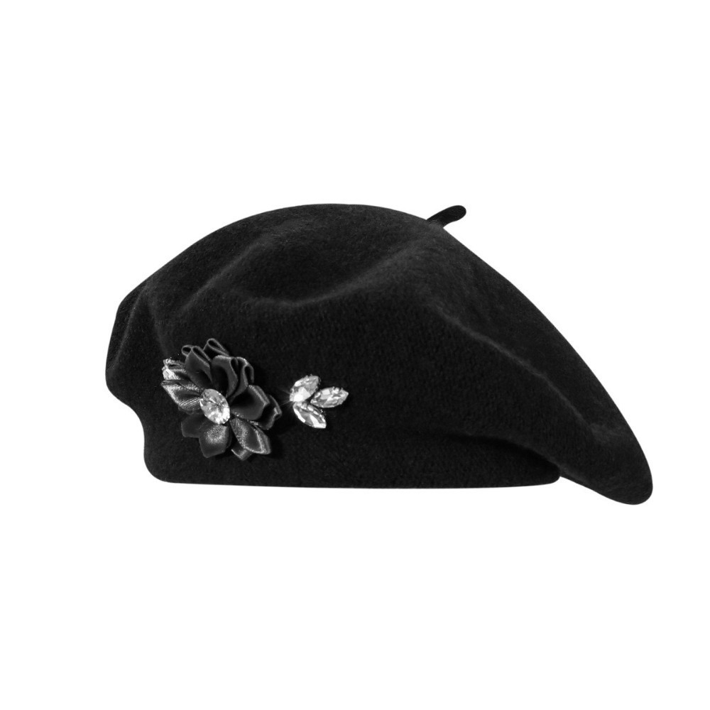 Beret French Wool - ファッションソリッドカラーウールベレー帽クリスタル装飾ソフトフレンチスタイルペインターキャップ花柄ラインストーンマルチカラーベレー帽日常使用