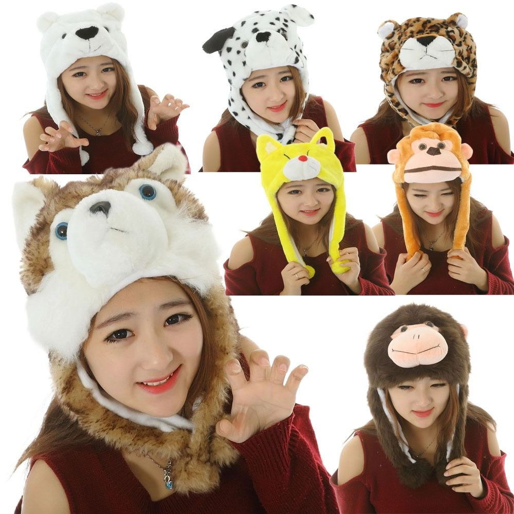 Winter Trapper Hat - 動物の絵が描かれた豪華な帽子,可動式の耳が付いたエアバッグキャップ,面白いネックウォーマー,コスプレヘッドギア,パーティー