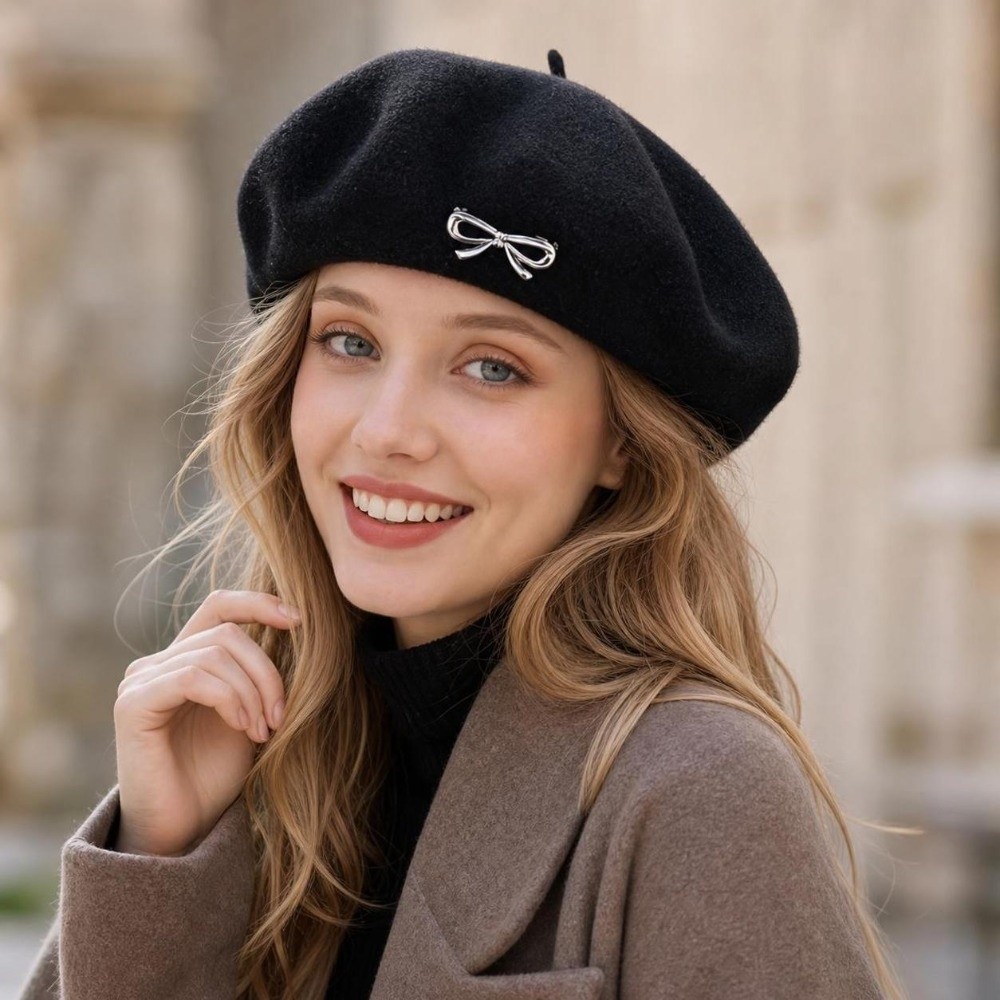 ファッション暖かい冬用ウールベレー帽、蝶結びレトロフレンチア - Beret French Wool のレビューと価格