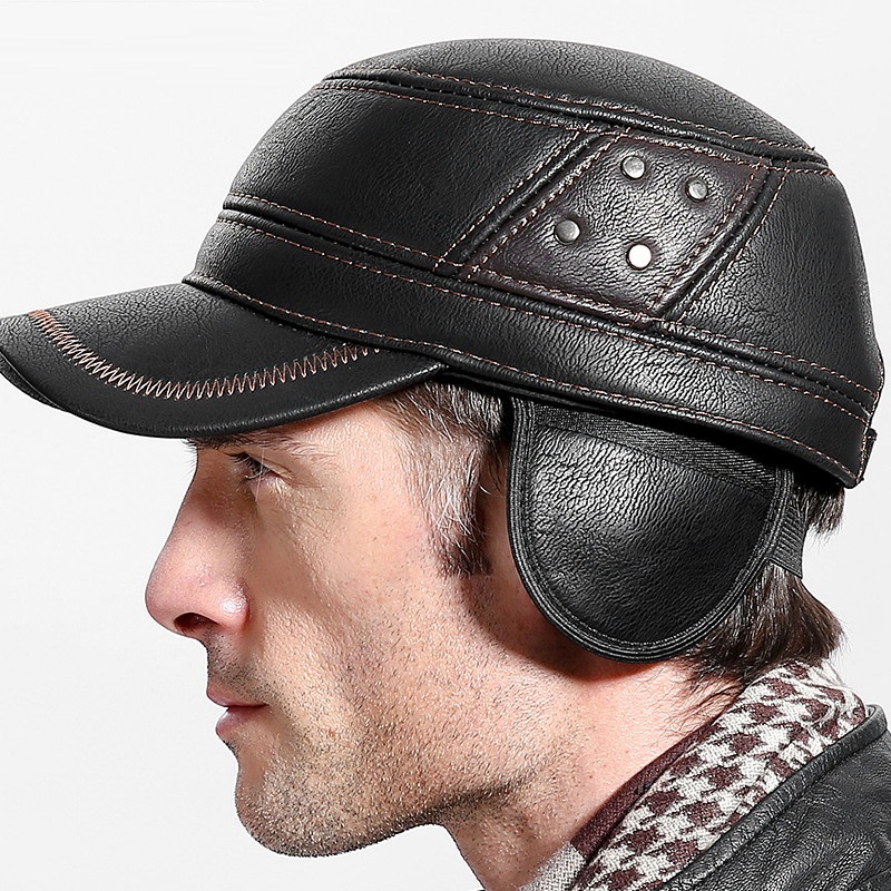 牛革本革野球帽男性暖かい耳介帽子牛革キャップ牛革フラットトッ - Baseball Cap Structured のレビューと価格