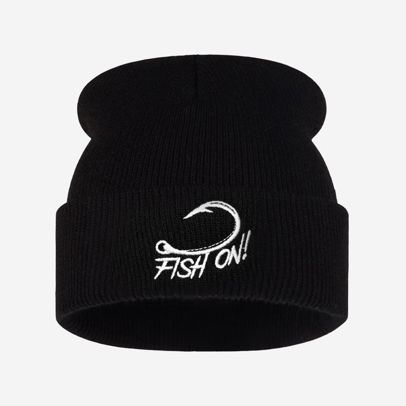 アウトドア釣り人向け刺繍入りビーニー、釣り針モチーフの折り返 - Beanie Cuffed Knit のレビューと価格